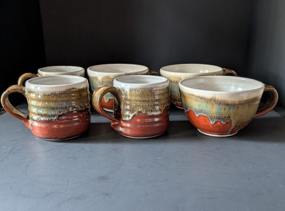 Set of 6 Handmade Drip Glaze Studio Pottery Mugs